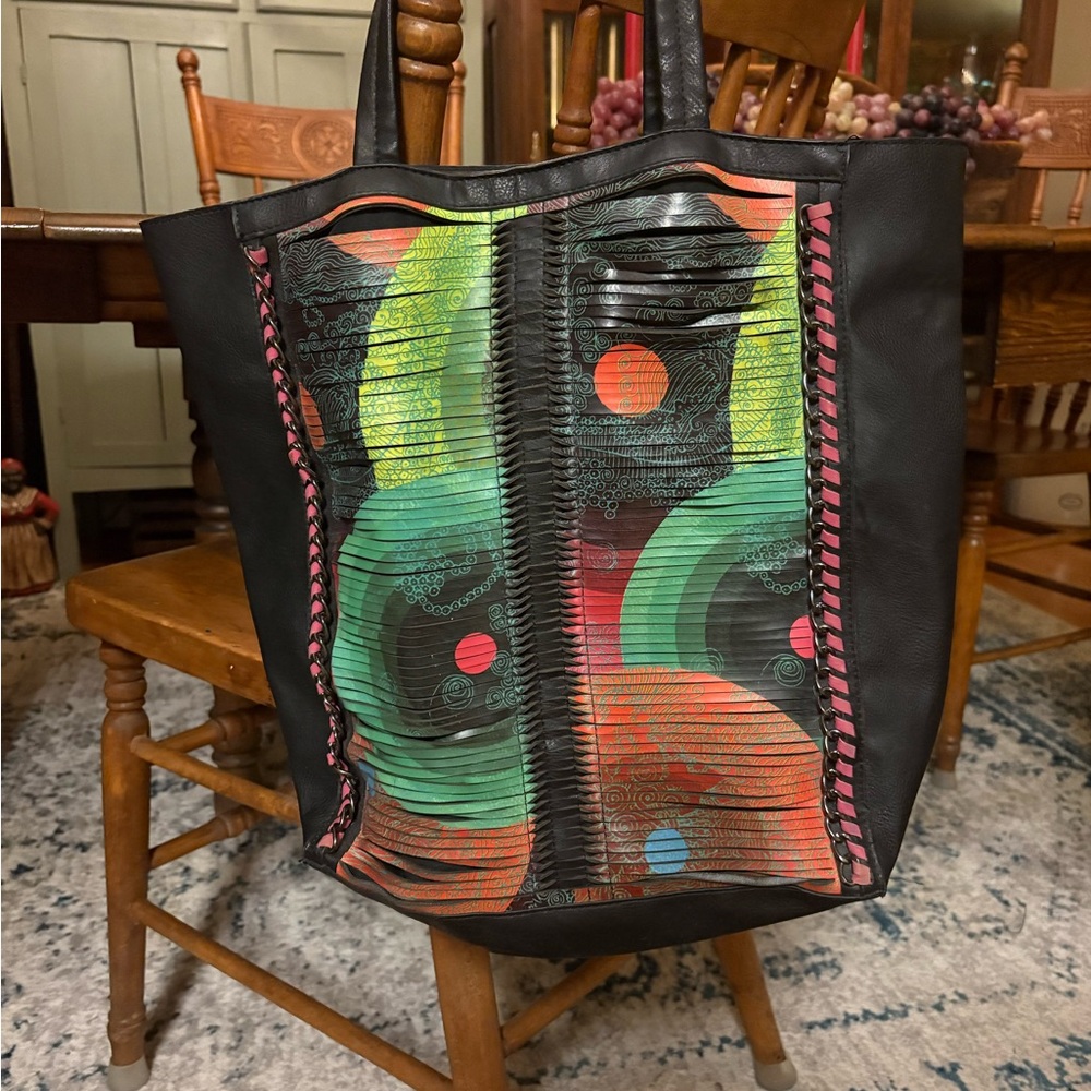 Desigual Black Tote with Multicolor Swirls